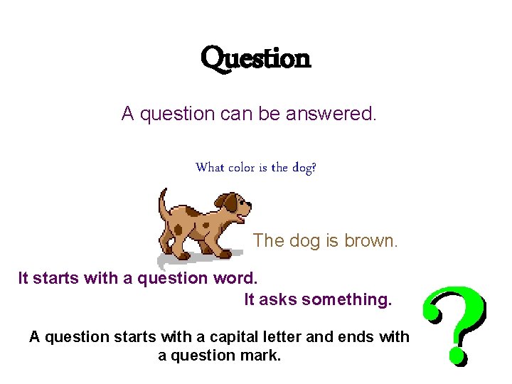 Question A question can be answered. What color is the dog? The dog is