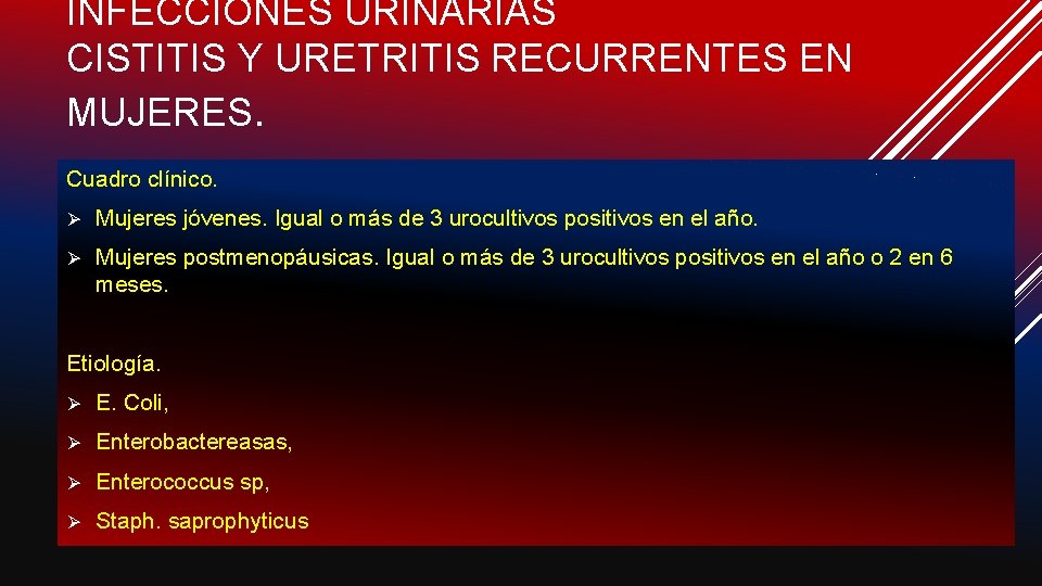 INFECCIONES URINARIAS CISTITIS Y URETRITIS RECURRENTES EN MUJERES. Cuadro clínico. Ø Mujeres jóvenes. Igual