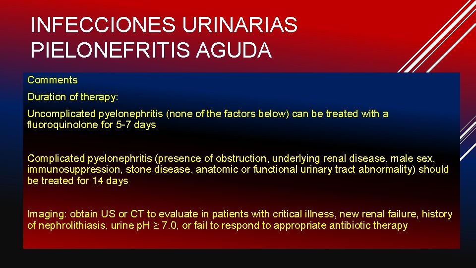 INFECCIONES URINARIAS PIELONEFRITIS AGUDA Comments Duration of therapy: Uncomplicated pyelonephritis (none of the factors