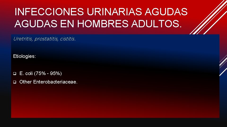 INFECCIONES URINARIAS AGUDAS EN HOMBRES ADULTOS. Uretritis, prostatitis, cistitis. Etiologies: q E. coli (75%
