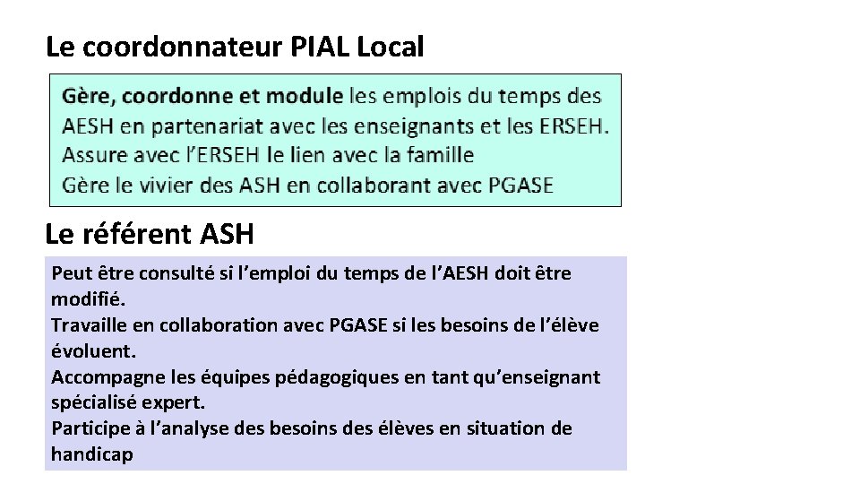 Le coordonnateur PIAL Local Le référent ASH Peut être consulté si l’emploi du temps