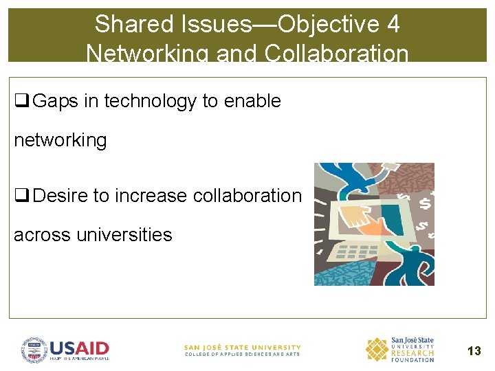 Shared Issues—Objective 4 Networking and Collaboration q Gaps in technology to enable networking q