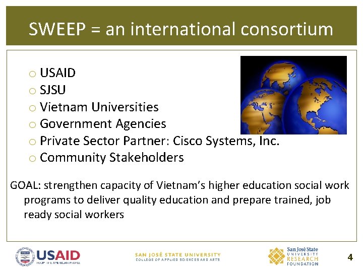 SWEEP = an international consortium o USAID o SJSU o Vietnam Universities o Government