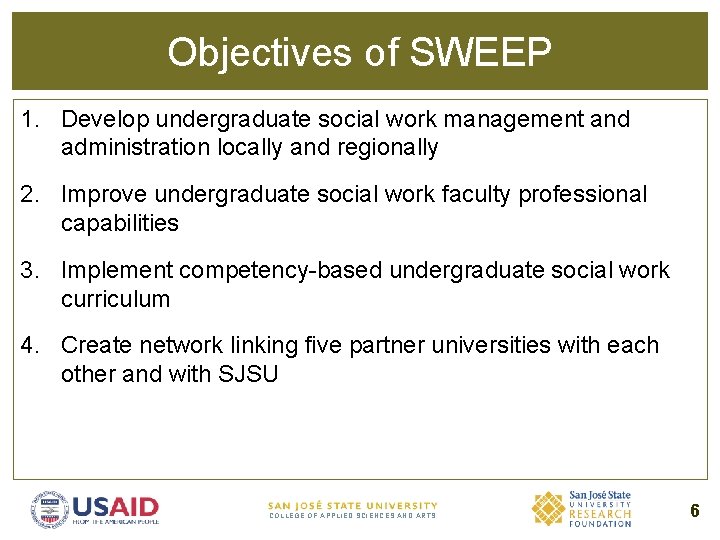 Objectives of SWEEP 1. Develop undergraduate social work management and administration locally and regionally