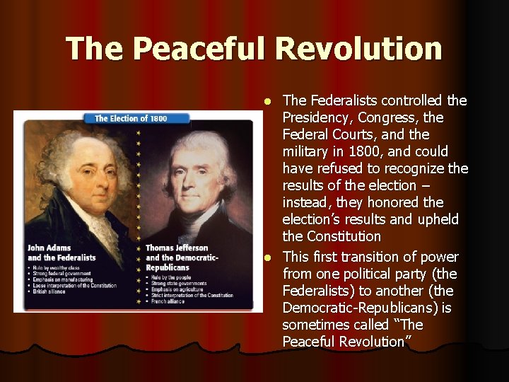 The Peaceful Revolution The Federalists controlled the Presidency, Congress, the Federal Courts, and the