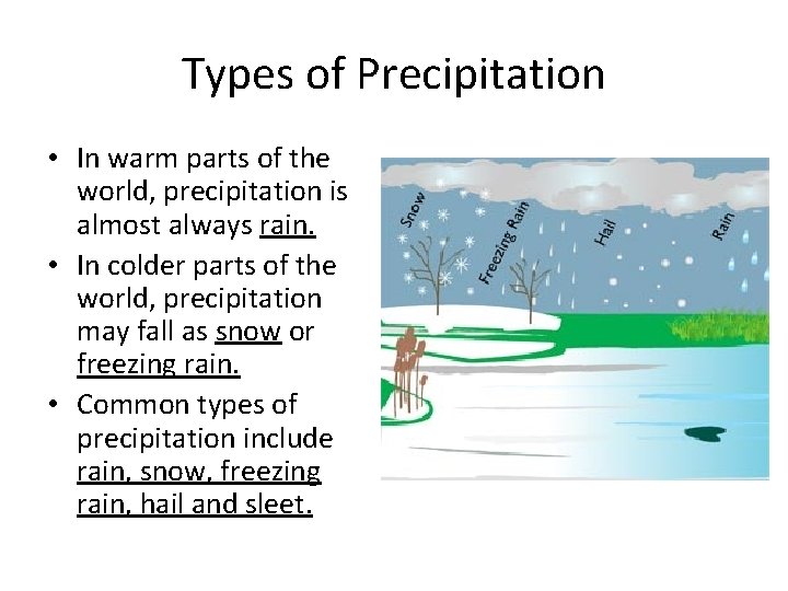 Types of Precipitation • In warm parts of the world, precipitation is almost always