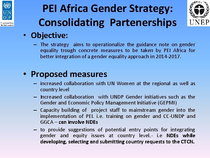 PEI Africa Gender Strategy: Consolidating Partenerships • Objective: – The strategy aims to operationalize