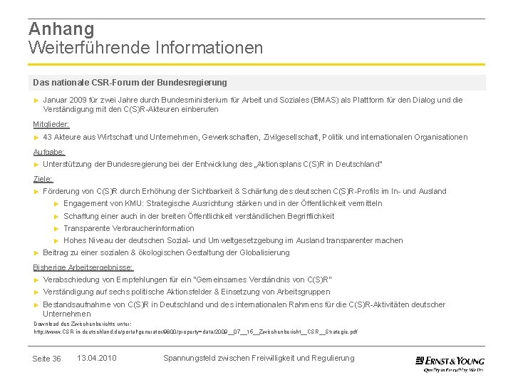 Anhang Weiterführende Informationen Das nationale CSR-Forum der Bundesregierung ► Januar 2009 für zwei Jahre