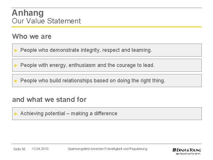 Anhang Our Value Statement Who we are ► People who demonstrate integrity, respect and
