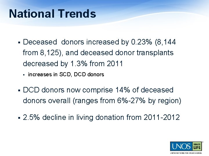 National Trends § Deceased donors increased by 0. 23% (8, 144 from 8, 125),
