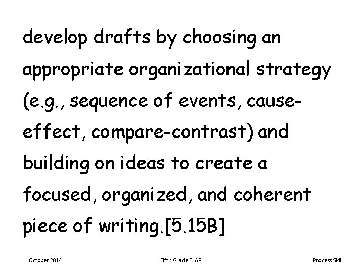 develop drafts by choosing an appropriate organizational strategy (e. g. , sequence of events,