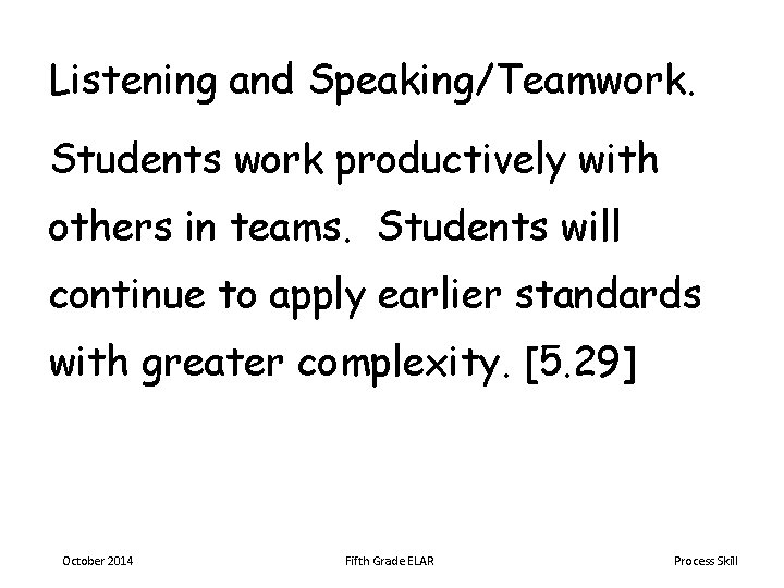 Listening and Speaking/Teamwork. Students work productively with others in teams. Students will continue to