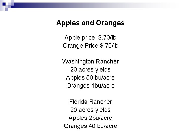 Apples and Oranges Apple price $. 70/lb Orange Price $. 70/lb Washington Rancher 20