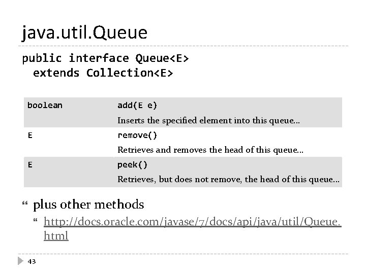 java. util. Queue public interface Queue<E> extends Collection<E> boolean add(E e) Inserts the specified