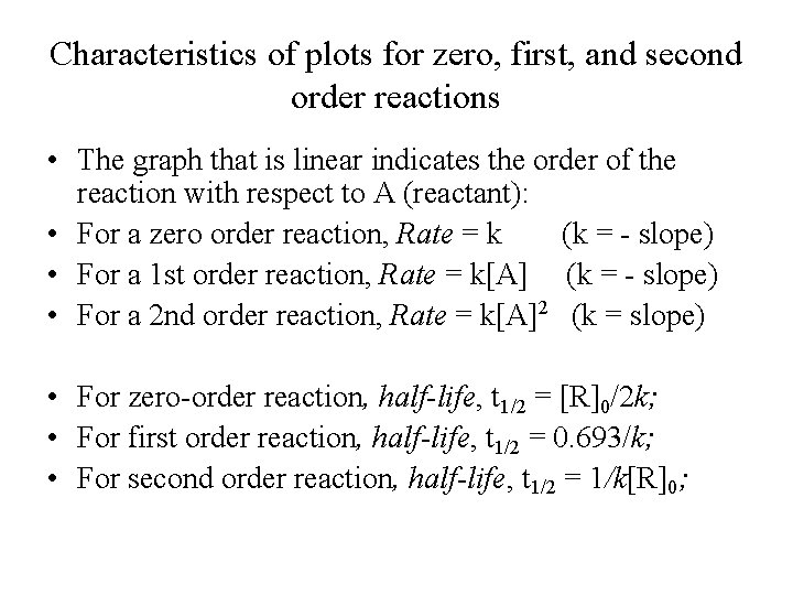 Characteristics of plots for zero, first, and second order reactions • The graph that