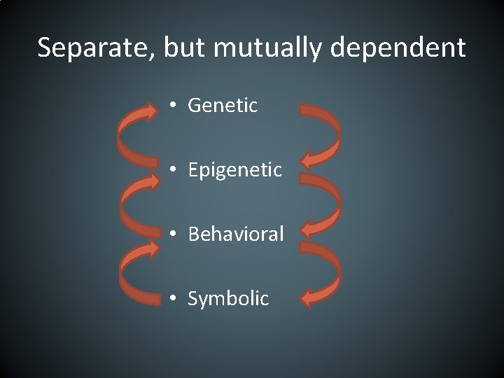 Separate, but mutually dependent • Genetic • Epigenetic • Behavioral • Symbolic 