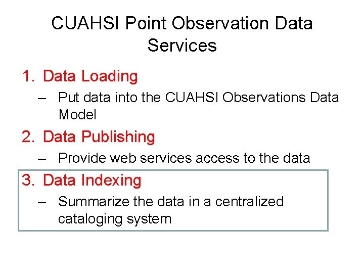 CUAHSI Point Observation Data Services 1. Data Loading – Put data into the CUAHSI