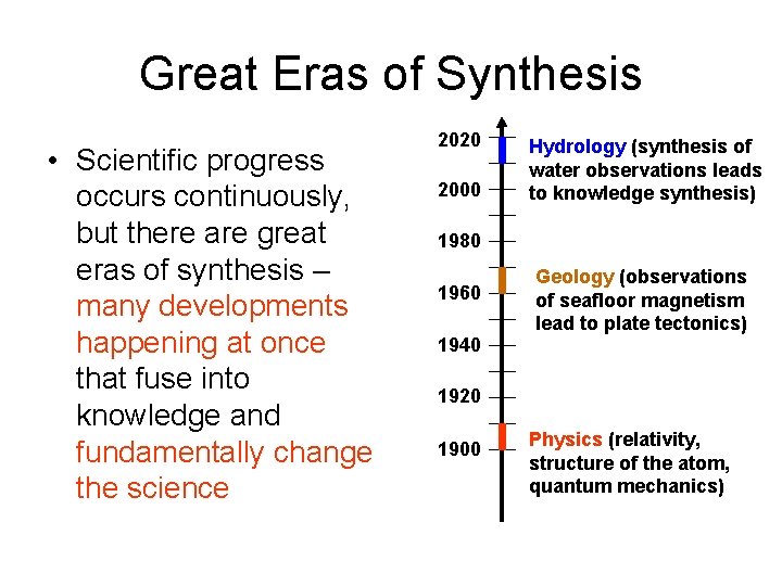 Great Eras of Synthesis • Scientific progress occurs continuously, but there are great eras