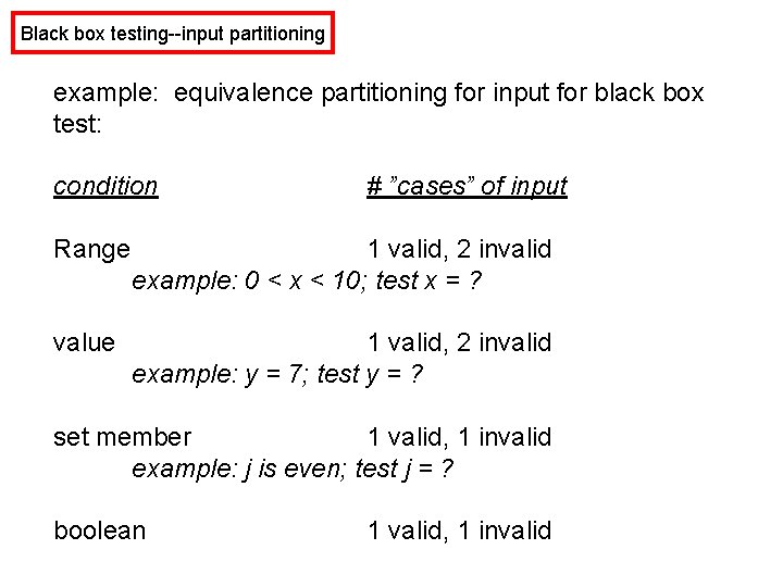 Black box testing--input partitioning example: equivalence partitioning for input for black box test: condition