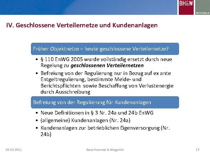 IV. Geschlossene Verteilernetze und Kundenanlagen Früher Objektnetze = heute geschlossene Verteilernetze? • § 110