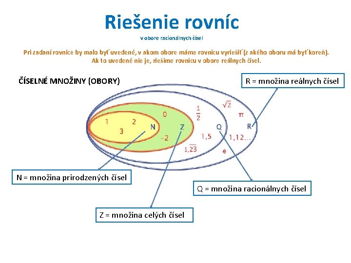 Riešenie rovníc v obore racionálnych čísel Pri zadaní rovnice by malo byť uvedené, v