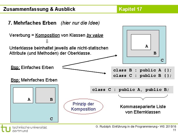 Zusammenfassung & Ausblick Kapitel 17 7. Mehrfaches Erben (hier nur die Idee) Vererbung =