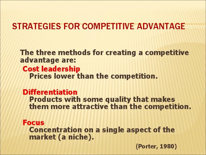 STRATEGIES FOR COMPETITIVE ADVANTAGE The three methods for creating a competitive advantage are: Cost