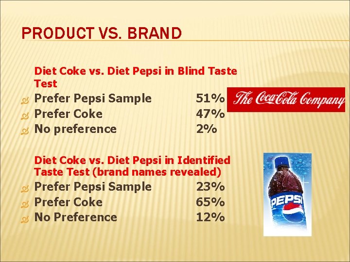 PRODUCT VS. BRAND Diet Coke vs. Diet Pepsi in Blind Taste Test Prefer Pepsi