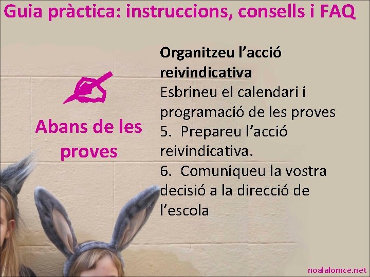 Guia pràctica: instruccions, consells i FAQ Abans de les proves Organitzeu l’acció reivindicativa Esbrineu