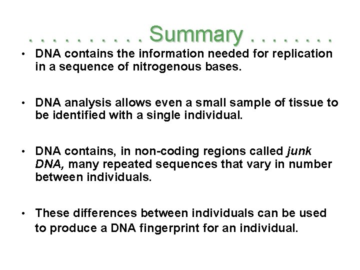 . . Summary. . . . • DNA contains the information needed for replication