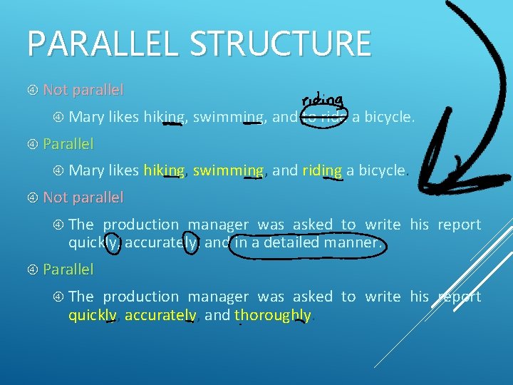 PARALLEL STRUCTURE Not parallel Mary likes hiking, swimming, and to ride a bicycle. Parallel