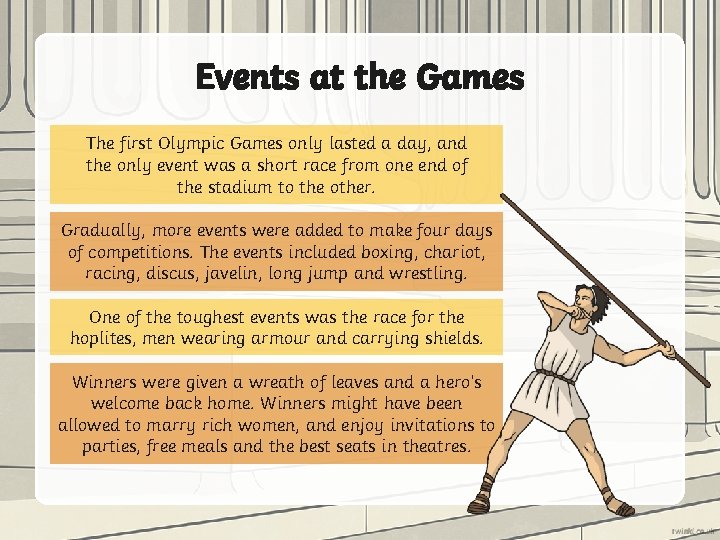 Events at the Games The first Olympic Games only lasted a day, and the