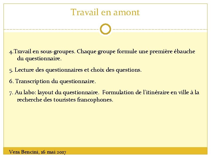 Travail en amont 4. Travail en sous-groupes. Chaque groupe formule une première ébauche du