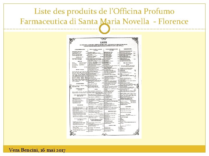 Liste des produits de l’Officina Profumo Farmaceutica di Santa Maria Novella - Florence Vera