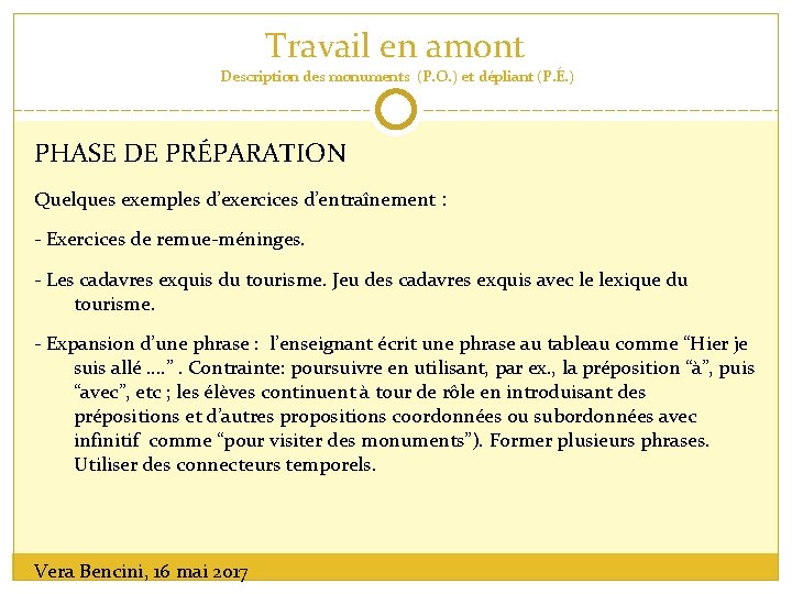 Travail en amont Description des monuments (P. O. ) et dépliant (P. É. )