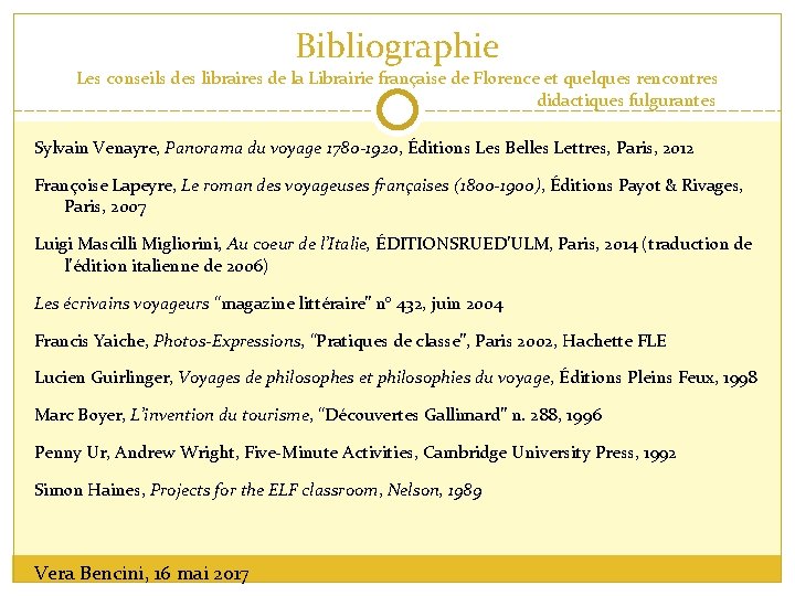 Bibliographie Les conseils des libraires de la Librairie française de Florence et quelques rencontres