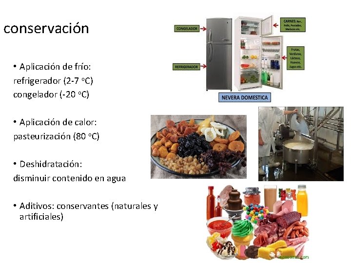 conservación • Aplicación de frío: refrigerador (2 -7 o. C) congelador (-20 o. C)