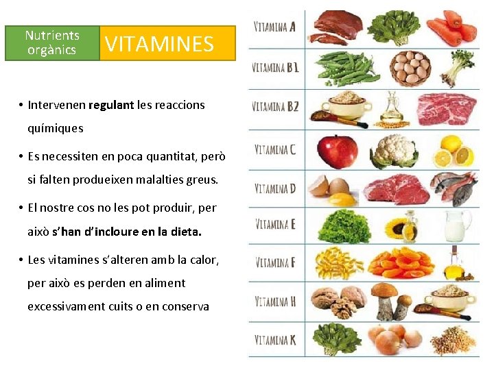 Nutrients orgànics VITAMINES • Intervenen regulant les reaccions químiques • Es necessiten en poca