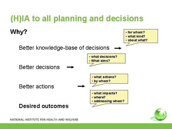 (H)IA to all planning and decisions Why? • for whom? • what kind? •