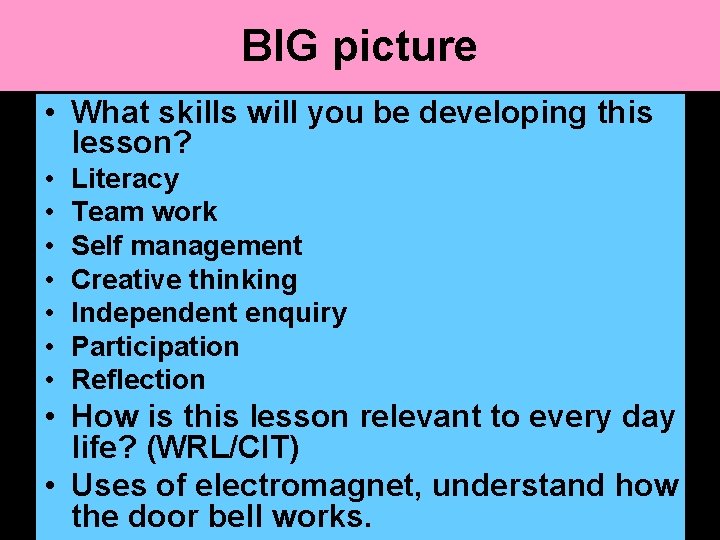 BIG picture • What skills will you be developing this lesson? • • Literacy