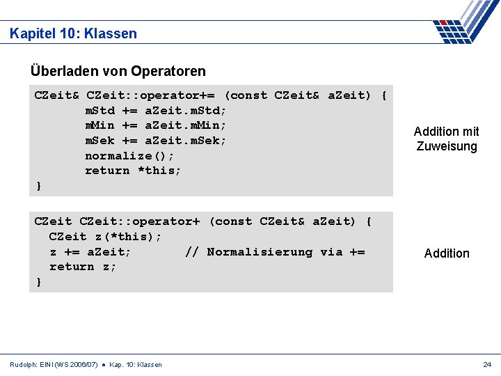 Kapitel 10: Klassen Überladen von Operatoren CZeit& CZeit: : operator+= (const CZeit& a. Zeit)