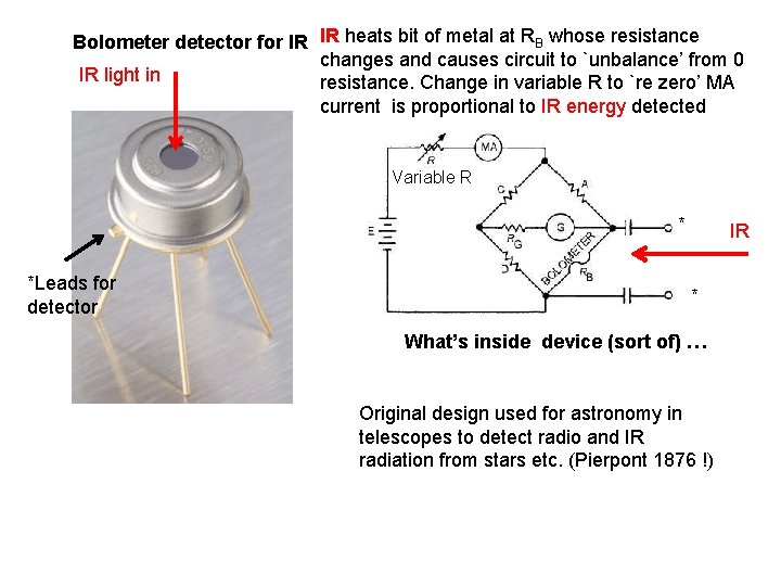 Bolometer detector for IR IR heats bit of metal at RB whose resistance changes