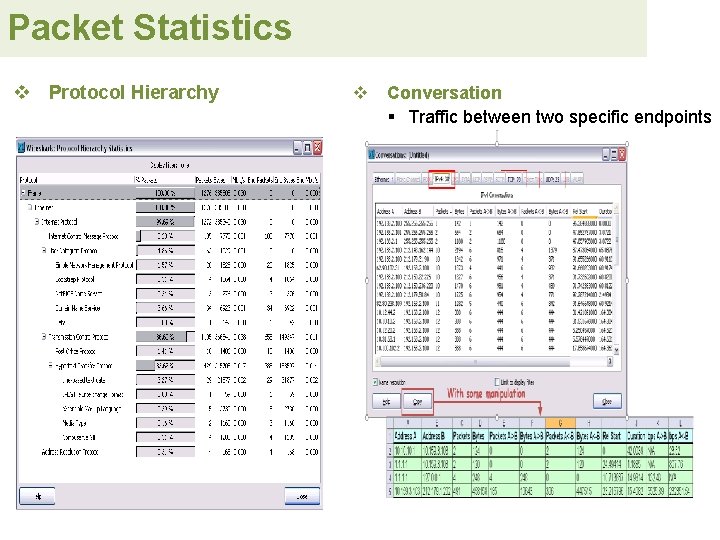 Packet Statistics v Protocol Hierarchy v Conversation § Traffic between two specific endpoints 