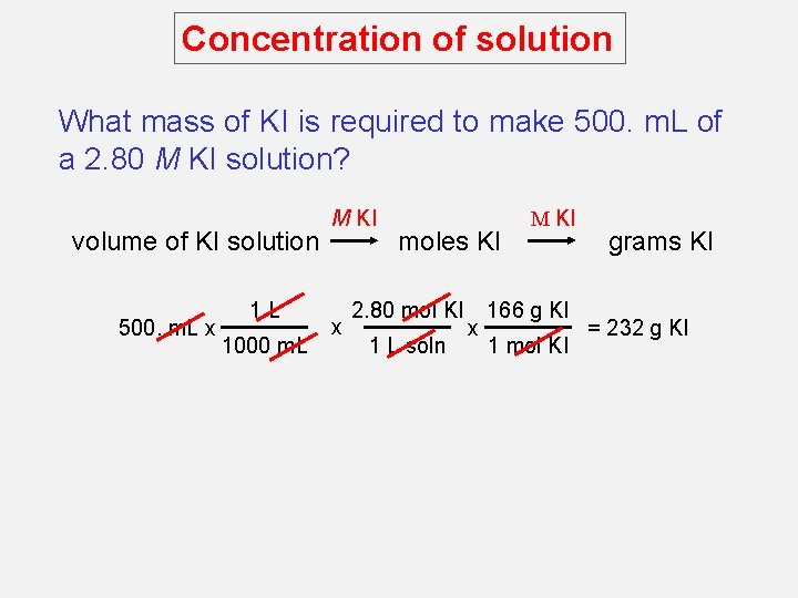 Concentration of solution What mass of KI is required to make 500. m. L