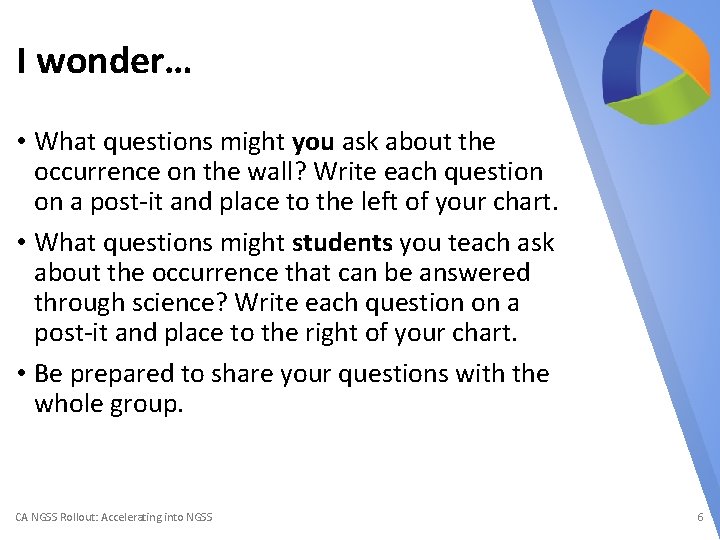 I wonder… • What questions might you ask about the occurrence on the wall?