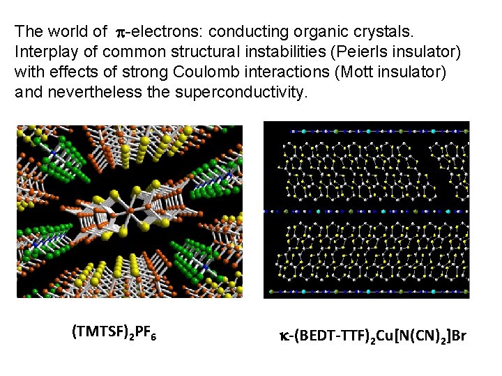 The world of -electrons: conducting organic crystals. Interplay of common structural instabilities (Peierls insulator)