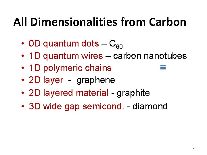 All Dimensionalities from Carbon • • • 0 D quantum dots – C 60