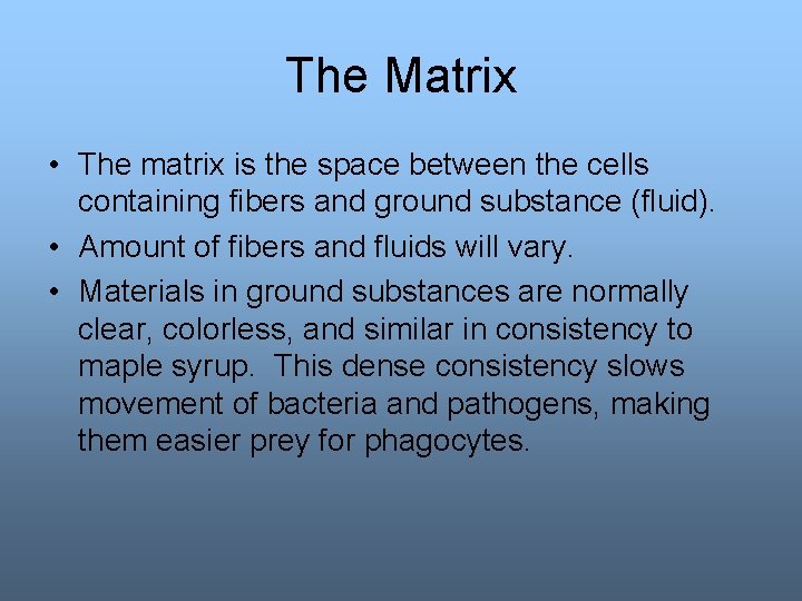 The Matrix • The matrix is the space between the cells containing fibers and