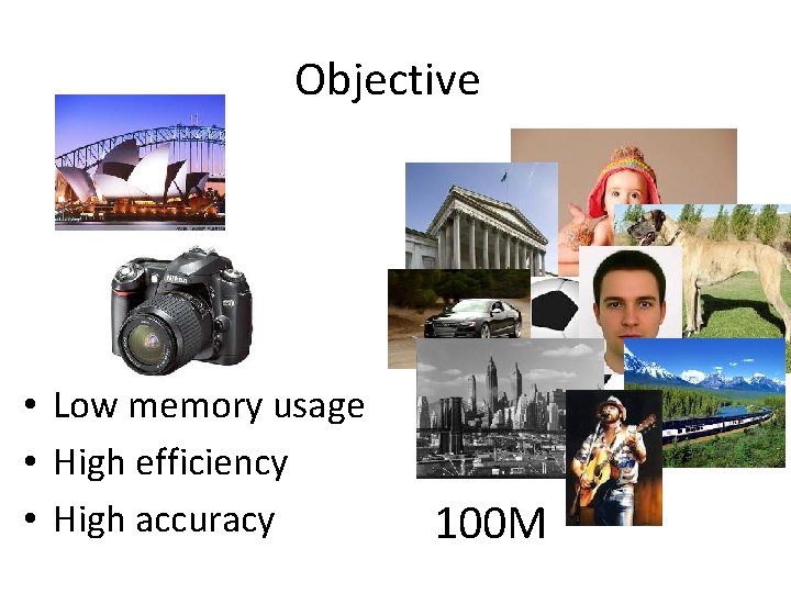 Objective • Low memory usage • High efficiency • High accuracy 100 M 