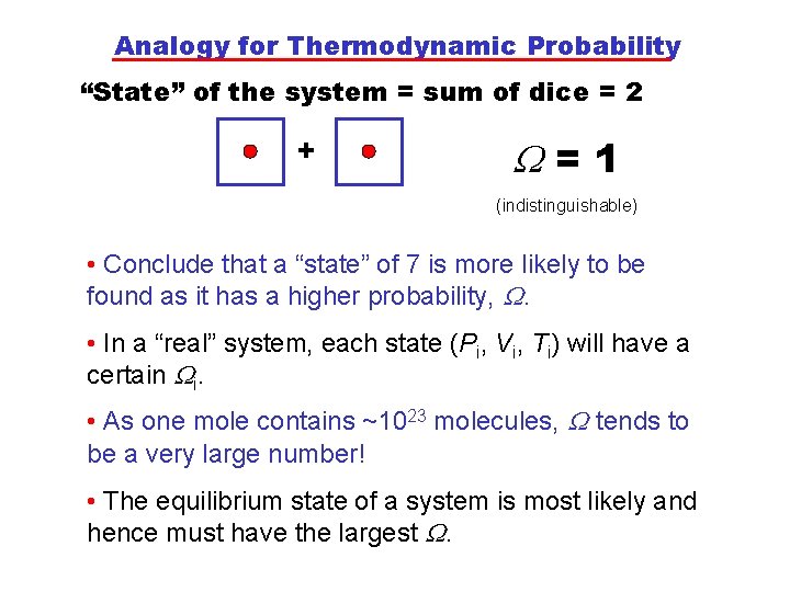 Analogy for Thermodynamic Probability “State” of the system = sum of dice = 2 Analogy for Thermodynamic Probability “State” of the system = sum of dice = 2